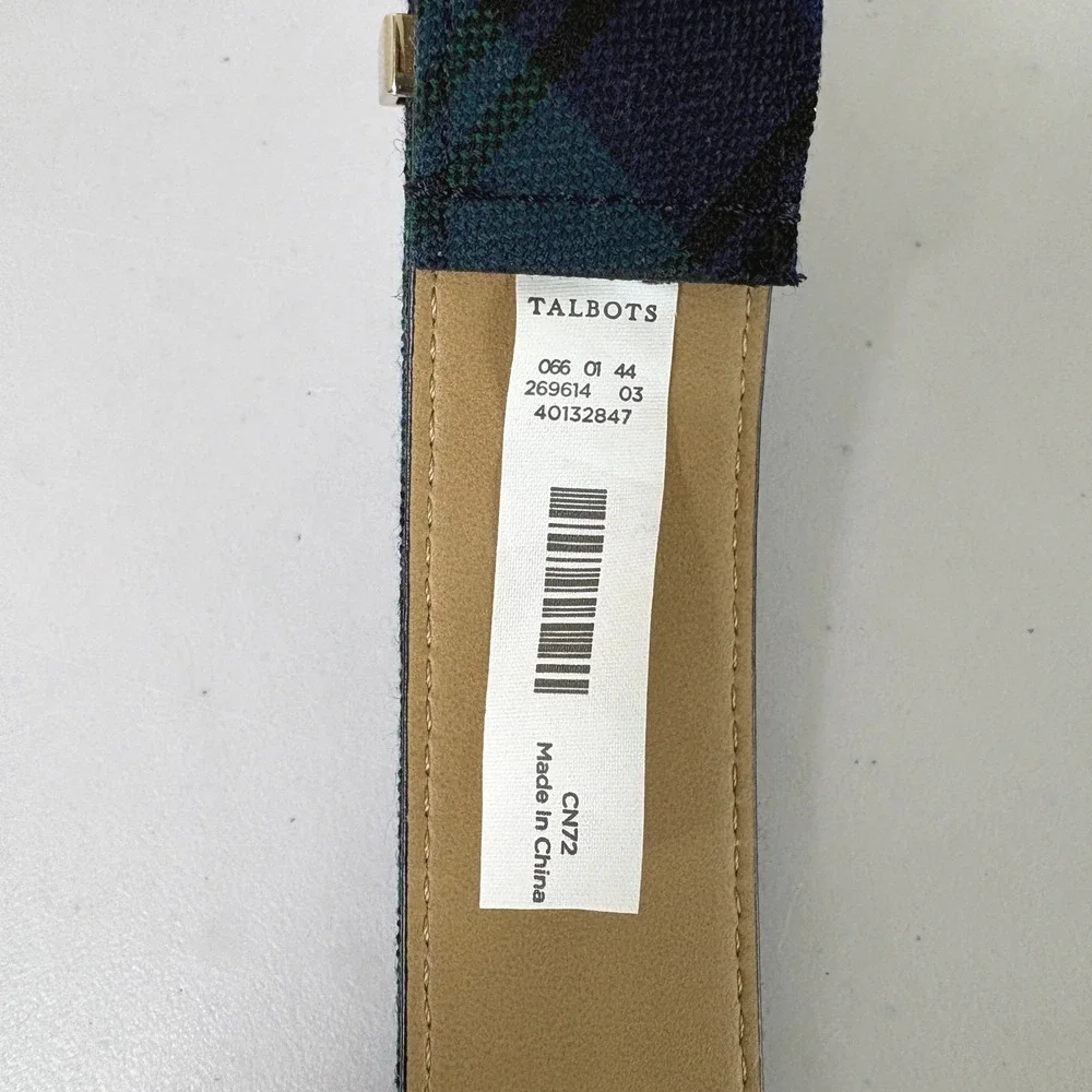 Talbots Black Watch Plaid Belt Womens M Blue Green Wool Blend Gold Buckle